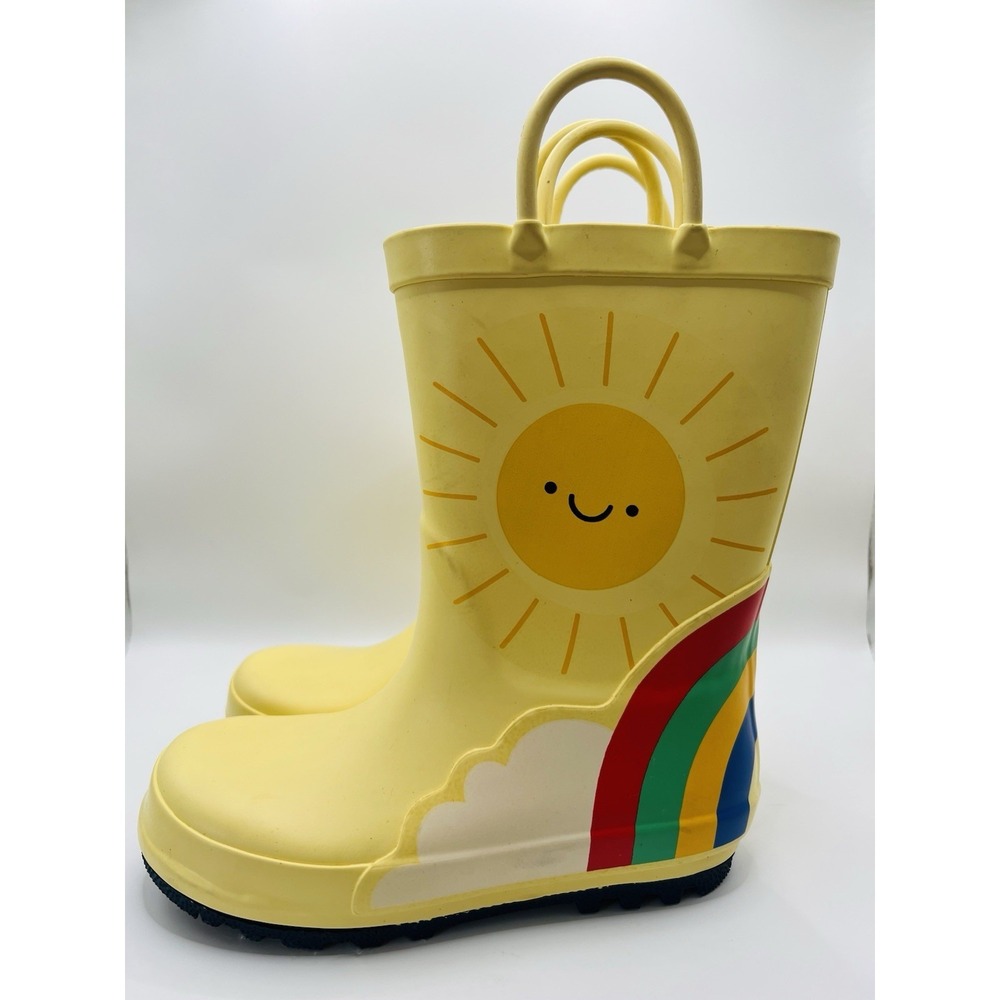 Kids Yellow Rain Boots Rainbow Sunshine Waterproof Rubber Pull On Toddler Sz 11